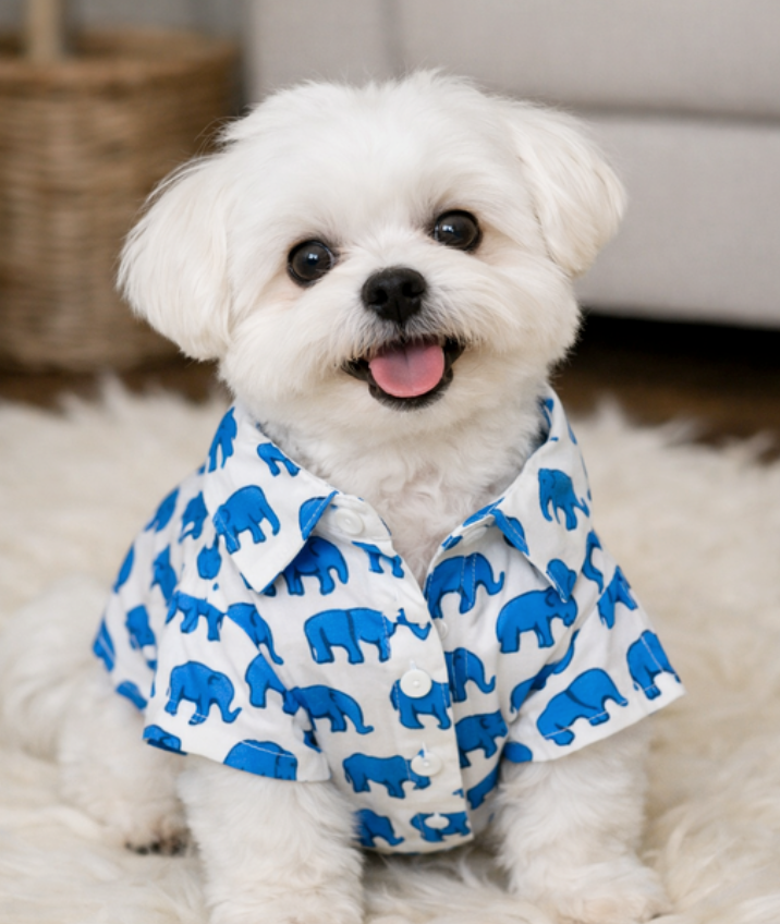 Blue Elephant Print Pet Button-Up Shirt