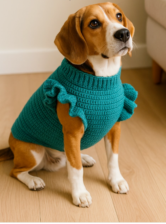 Teal Ruffled Sleeve Knitted Pet Sweater