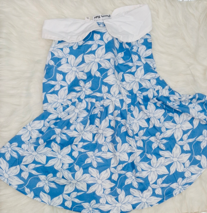 Blue Floral Pet Sundress with White Bow Collar