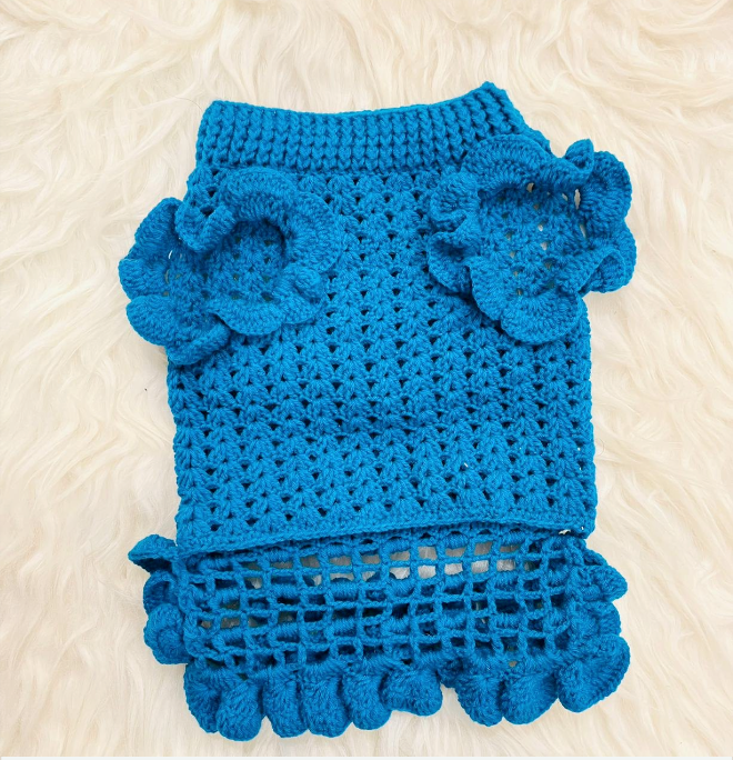 Hand-Crocheted Ocean Blue Ruffled Pet Sweater Dress