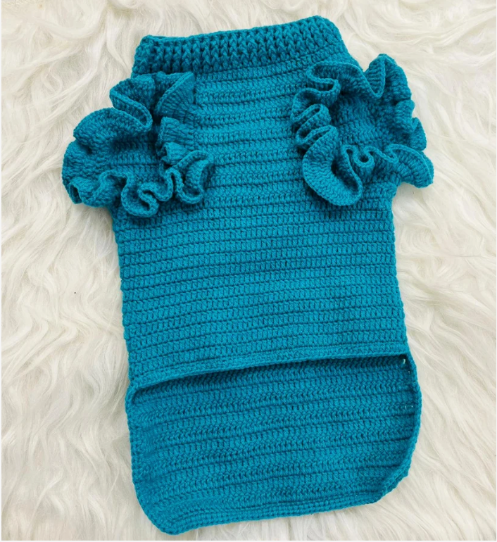 Teal Ruffled Sleeve Knitted Pet Sweater
