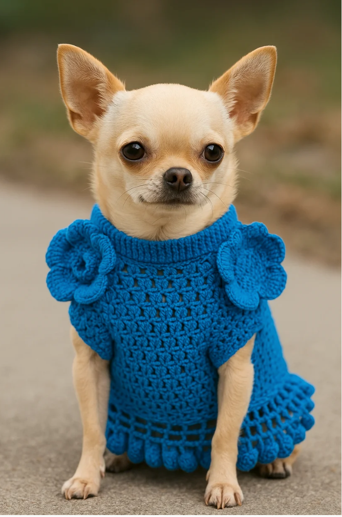 Hand-Crocheted Ocean Blue Ruffled Pet Sweater Dress