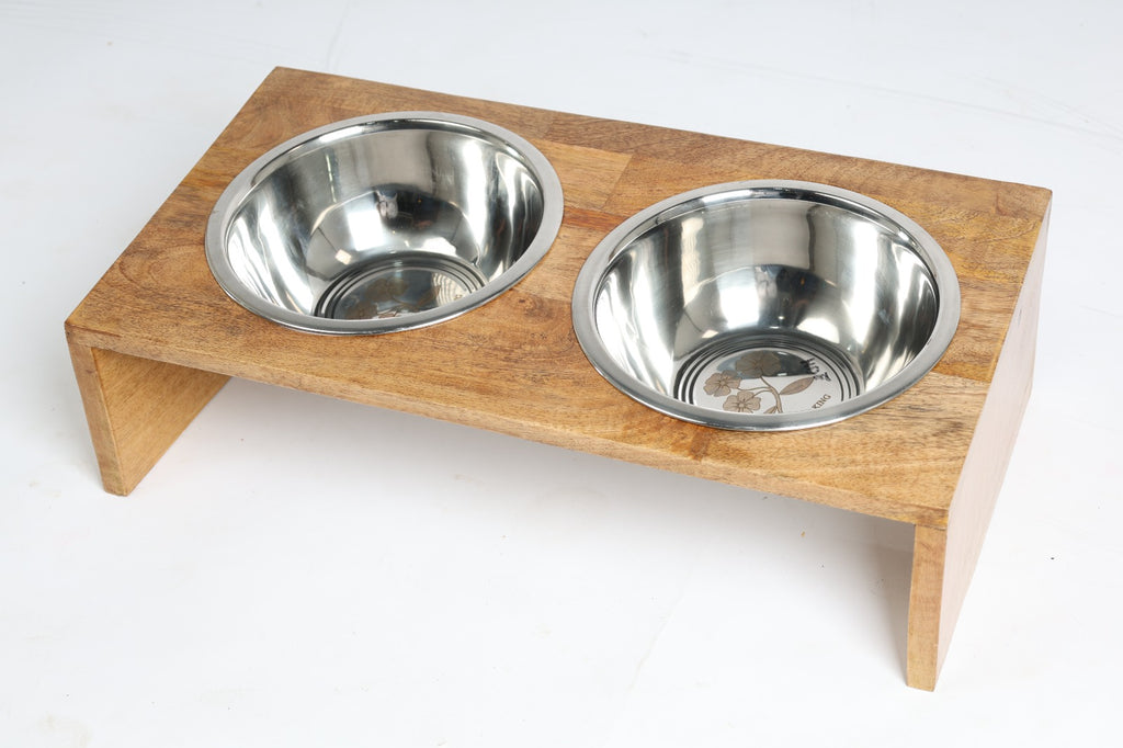 Elevated Wooden Pet Feeder Stand with Dual Stainless Steel Bowls