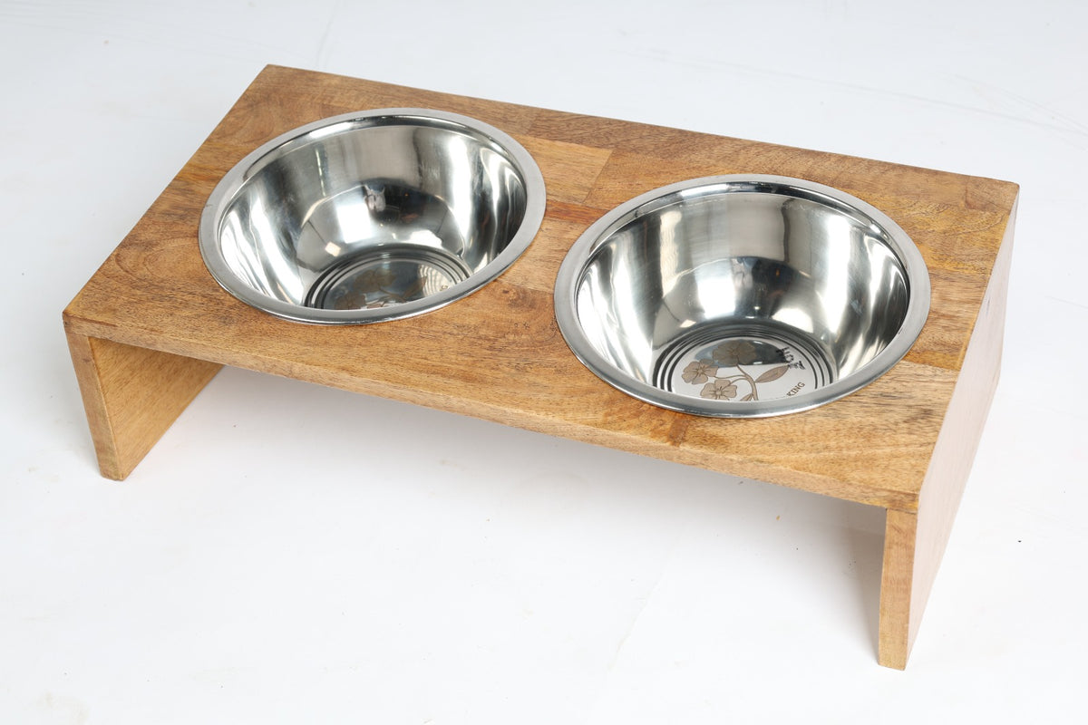 Elevated Wooden Pet Feeder Stand with Dual Stainless Steel Bowls