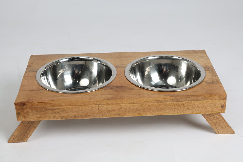 Elevated Wooden Pet Feeder Stand with Dual Stainless Steel Bowls