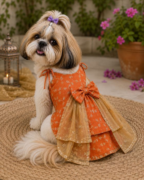 Festive Orange Embroidered Dog & Cat Lehenga Choli Set