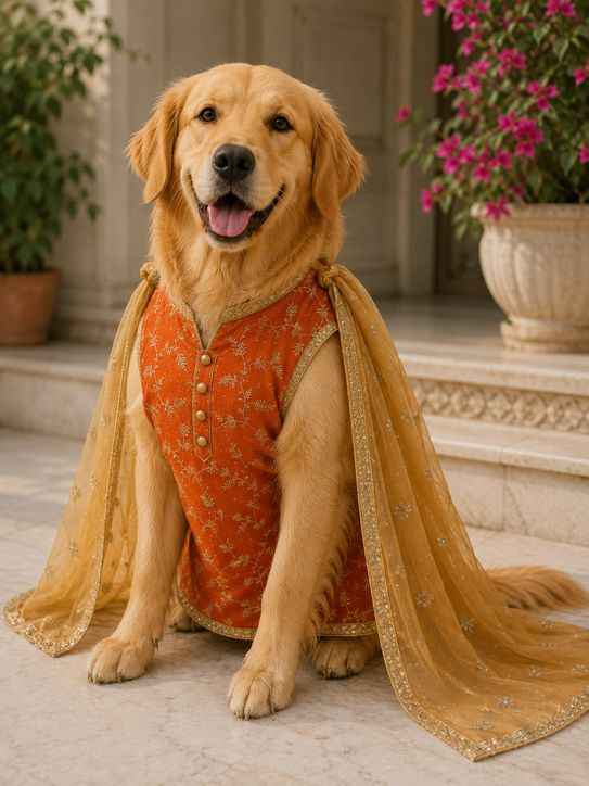 Festive Embroidered Dog/Cat Kurta with Sheer Dupatta & Gold Trim
