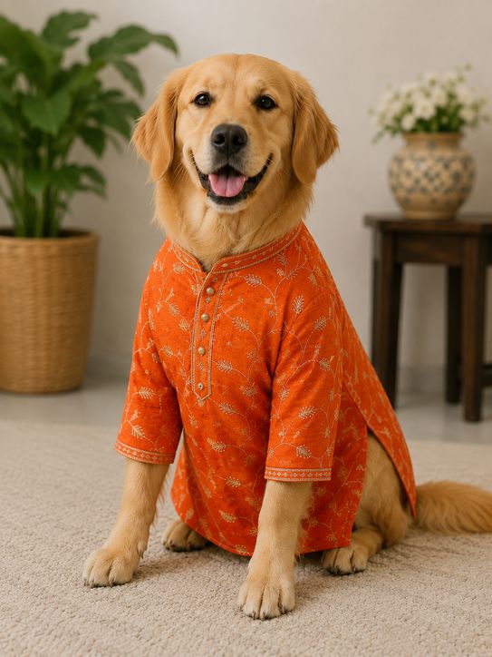 Festive Embroidered Dog/Cat Kurta with Sheer Dupatta & Gold Trim
