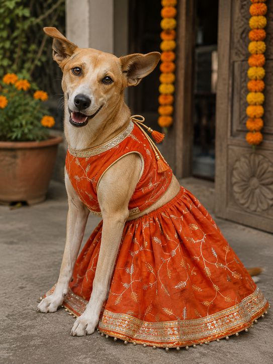 Festive Orange Embroidered Dog & Cat Lehenga Choli Set