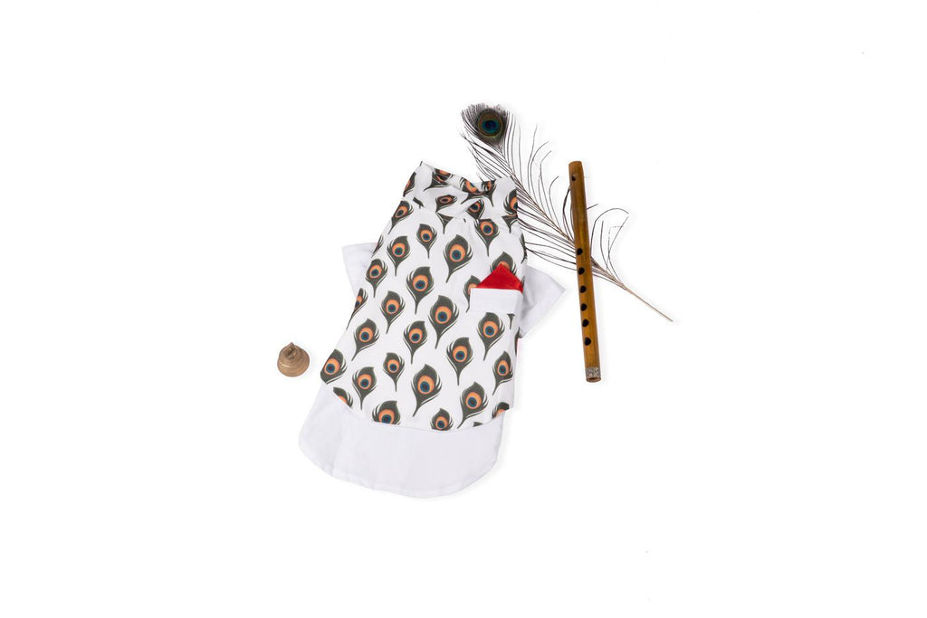 Festive Peacock Feather Print Kurta Shirt with Jacket for Small Dogs