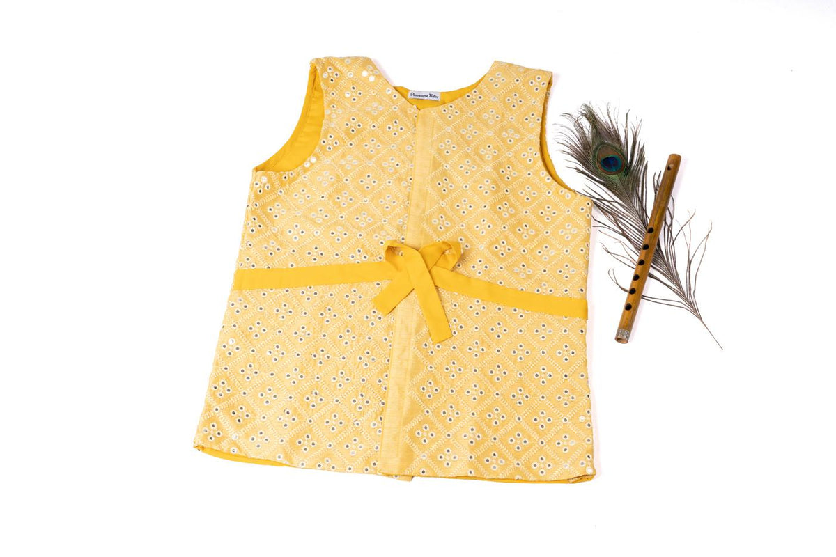 Festive Yellow Mirror-Work Traditional Angrakha Kurta for Dogs