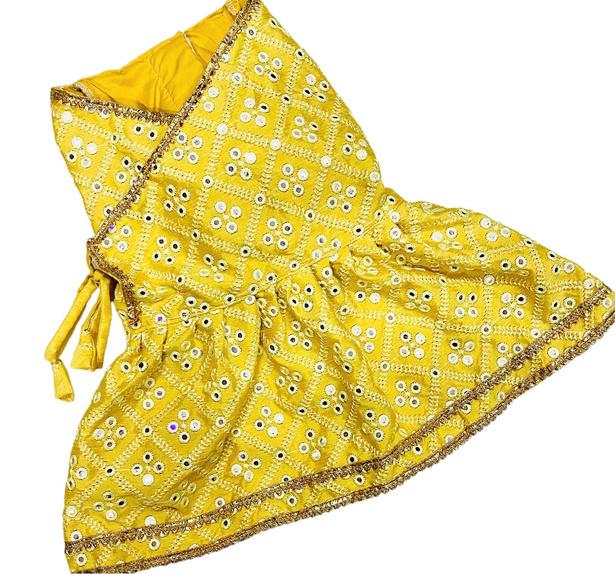 Festive Yellow Mirror-Work Traditional Angrakha Kurta Dress for Dogs