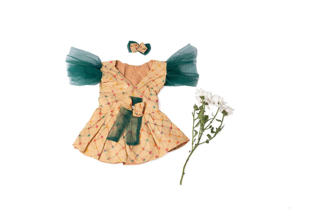 Festive Beige & Emerald Green Sequined Ethnic Frock Dress for Dogs